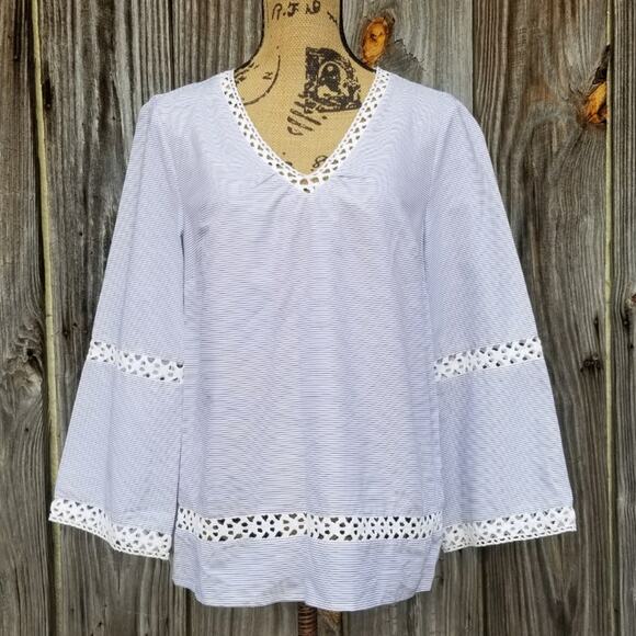 Pinstripe Crochet Inset Top Blue White Stripe Size S VNeck Peck & Peck NWT - Picture 1 of 8